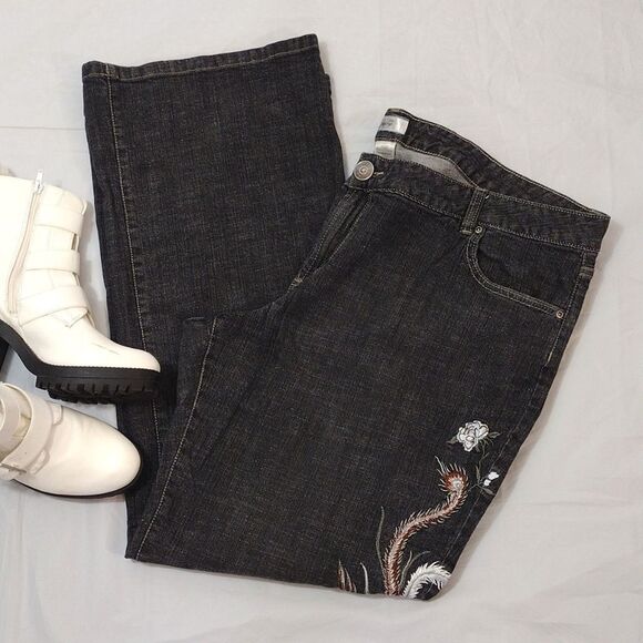 Y2K Faded Black Floral Eagle Embroidered Flare Jeans Plussize 24W - Picture 6 of 17